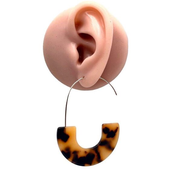 Orange and Black C Shaped Tortoise Shell Acrylic Yellow Gold Hoop Earrings - Picture 6 of 6